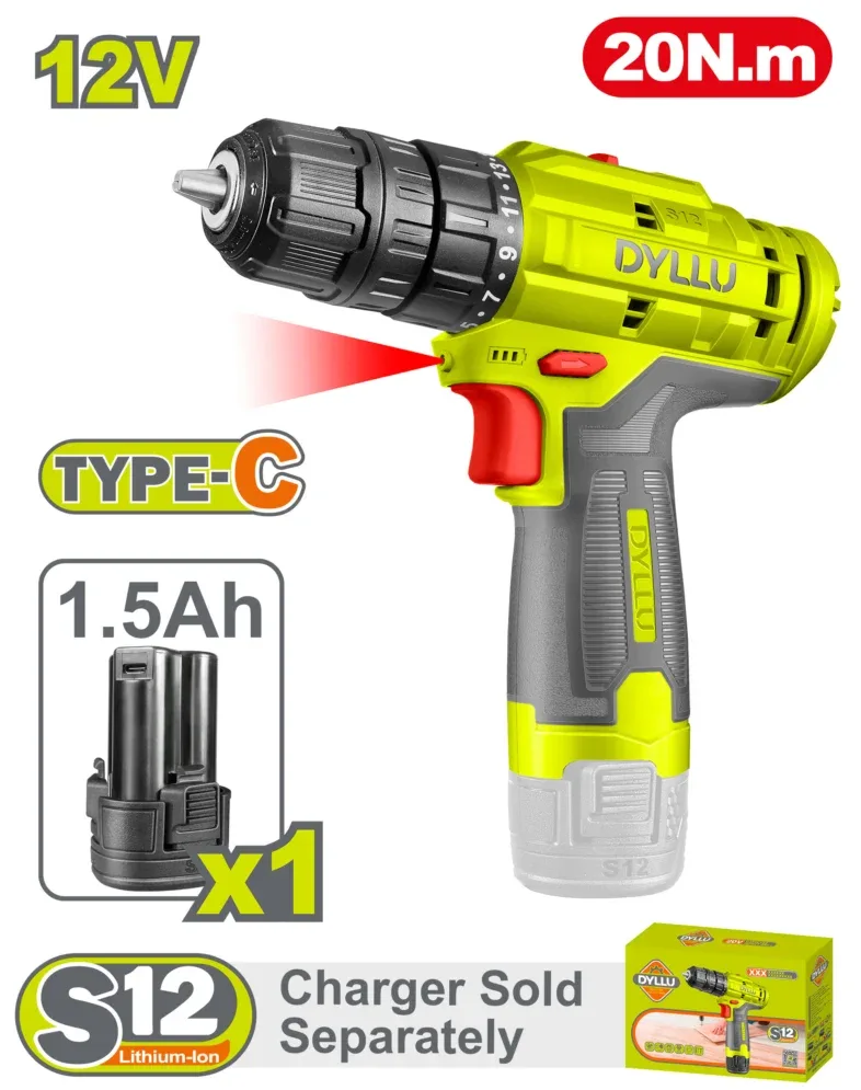 DTCDS520 Mașină de găurit-înșurubat cu impact pe acumulator Li-Ion 12V/1*1.5Ah 20N.m DYLLU DTCDS520 - imagine 1