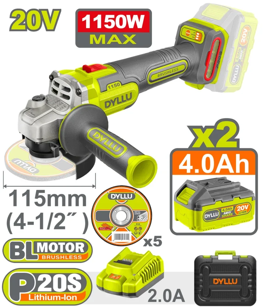 Polizor unghiular 115mm cu acumulator 20V/2*4.0Ah 1150W DYLLU DTLAPB522