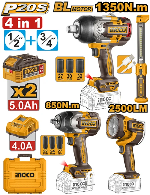 Set din 4 scule cu acumulator 20V/2*5.0Ah INDUSTRIAL INGCO COSLI260193 Set din 4 scule cu acumulator 20V/2*5.0Ah INDUSTRIAL INGCO COSLI260193