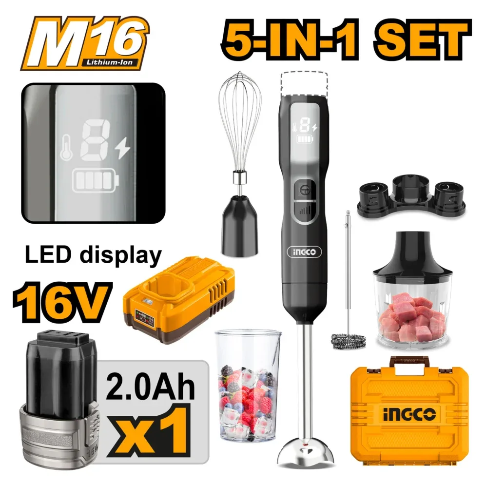 Blender de mână 5 în 1 pe acumulator 100W 16V INGCO CHB056K