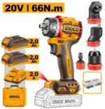 Mașină de înșurubat și găurit cu capuri multiple pe acumulator 20V/2*2.0Ah  66N.m INGCO CDLI206686