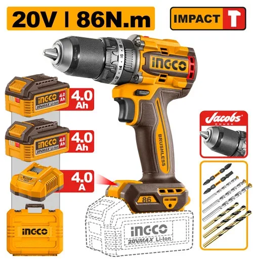 CIDLI208689 Masina de insurubat si gaurit cu impact pe acumulator 86N.m 20V/2*4.0Ah INGCO CIDLI208689 - imagine 1