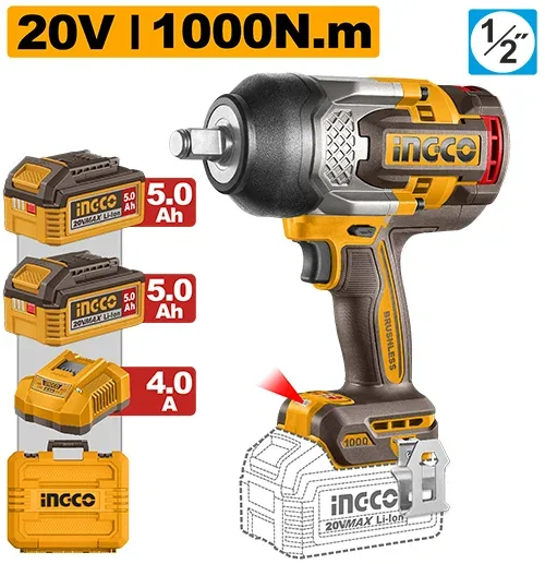 Masina de insurubat cu acumulator 20V/2*5.0Ah 1000Nm INDUSTRIAL INGCO CIWLI20100