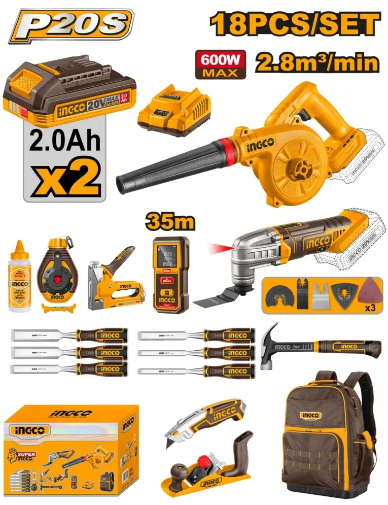 Set din 18 scule cu acumulator 20V/2*2.0Ah INDUSTRIAL INGCO COS26206