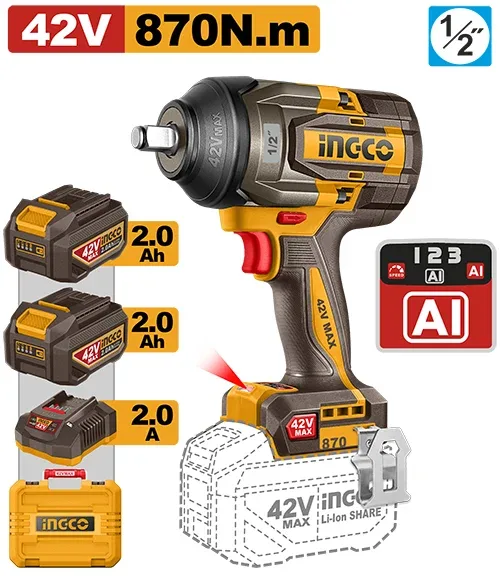 Mașină de înșurubat cu impact cu acumulator BLmotor 42V/2*2Ah 870N.m INGCO CIWLI42862
