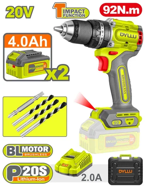 Masina de gaurit si insurubat cu acumulator 20V/2*4.0Ah 92N.m DYLLU DTCDP9286