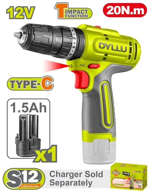 Mașină de găurit-înșurubat cu impact pe acumulator Li-Ion 12V/1*1.5Ah 20N.m DYLLU DTCDS5681