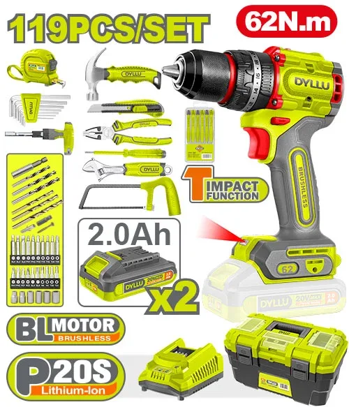 Set masina de insurubat cu acumulator si scule 119 piese 20V/2*2.0Ah DYLLU  DTDT4B119