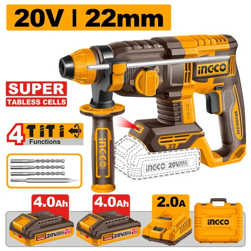 Ciocan rotopercutor plus cu acumulator 22mm  20V INDUSTRIAL INGCO CRHLI222085 20V/2*4A