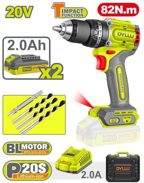 Masina de gaurit si insurubat cu acumulator 20V/2*2.0Ah 82N.m DYLLU DTCDP8288