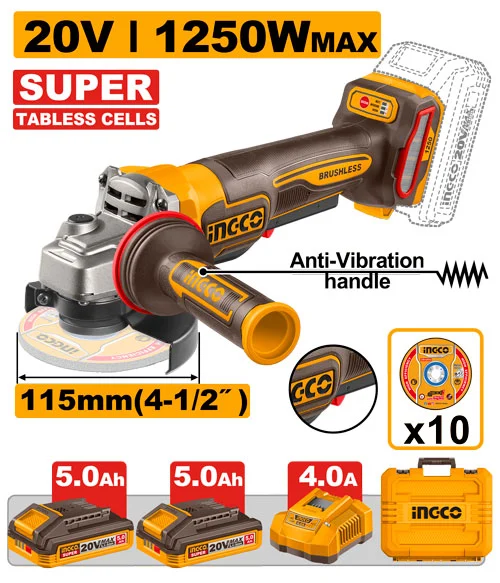 Polizor unghiular cu accumulator 20V/2*5Ah INGCO CAGLI235162