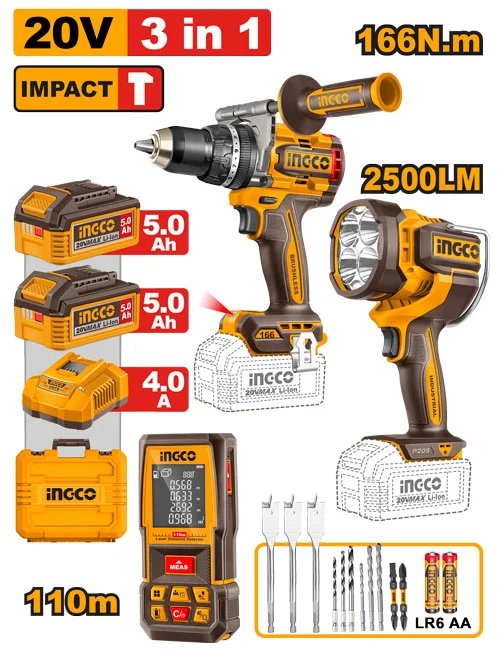 Set din 3 scule pe acumulator 20V/2x5.0Ah INGCO HLDD260528 Set din 3 scule pe acumulator 20V/2x5.0Ah INGCO HLDD260528