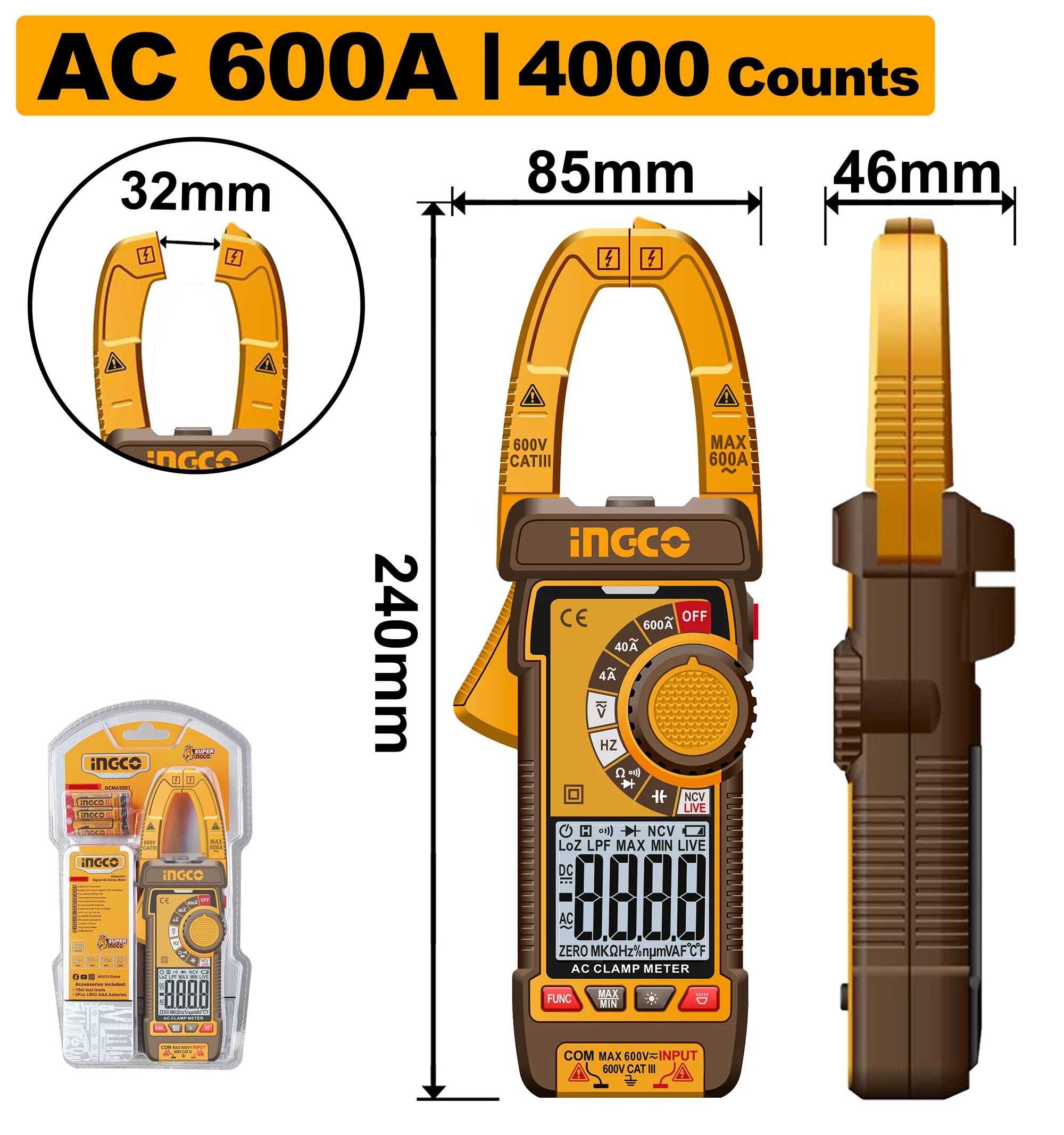 Цифровой клещевой мультиметр INGCO DCM66001 Clampmetru digital AC INGCO DCM66001